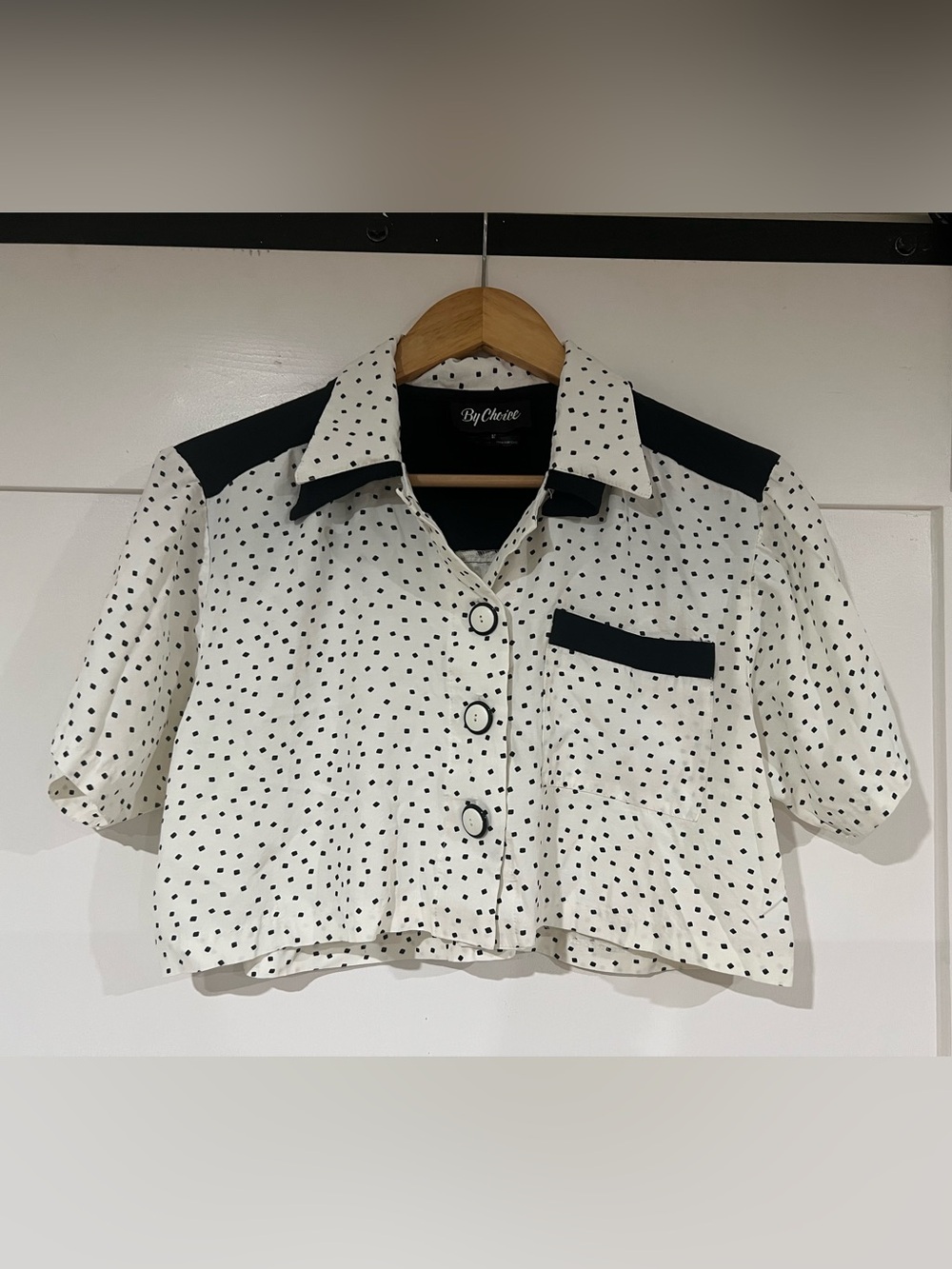 Vintage By Choice White Polka Dot Cropped Button-Down with Black Trim